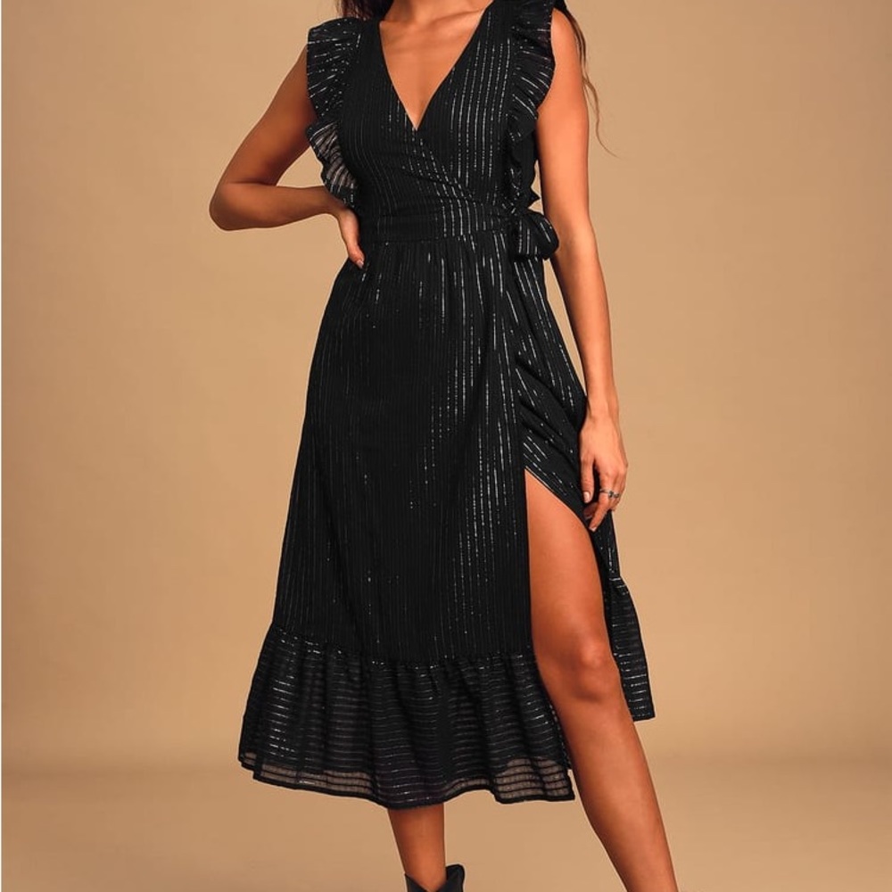 Lulu’s Black and Silver-Striped Wrap Dress